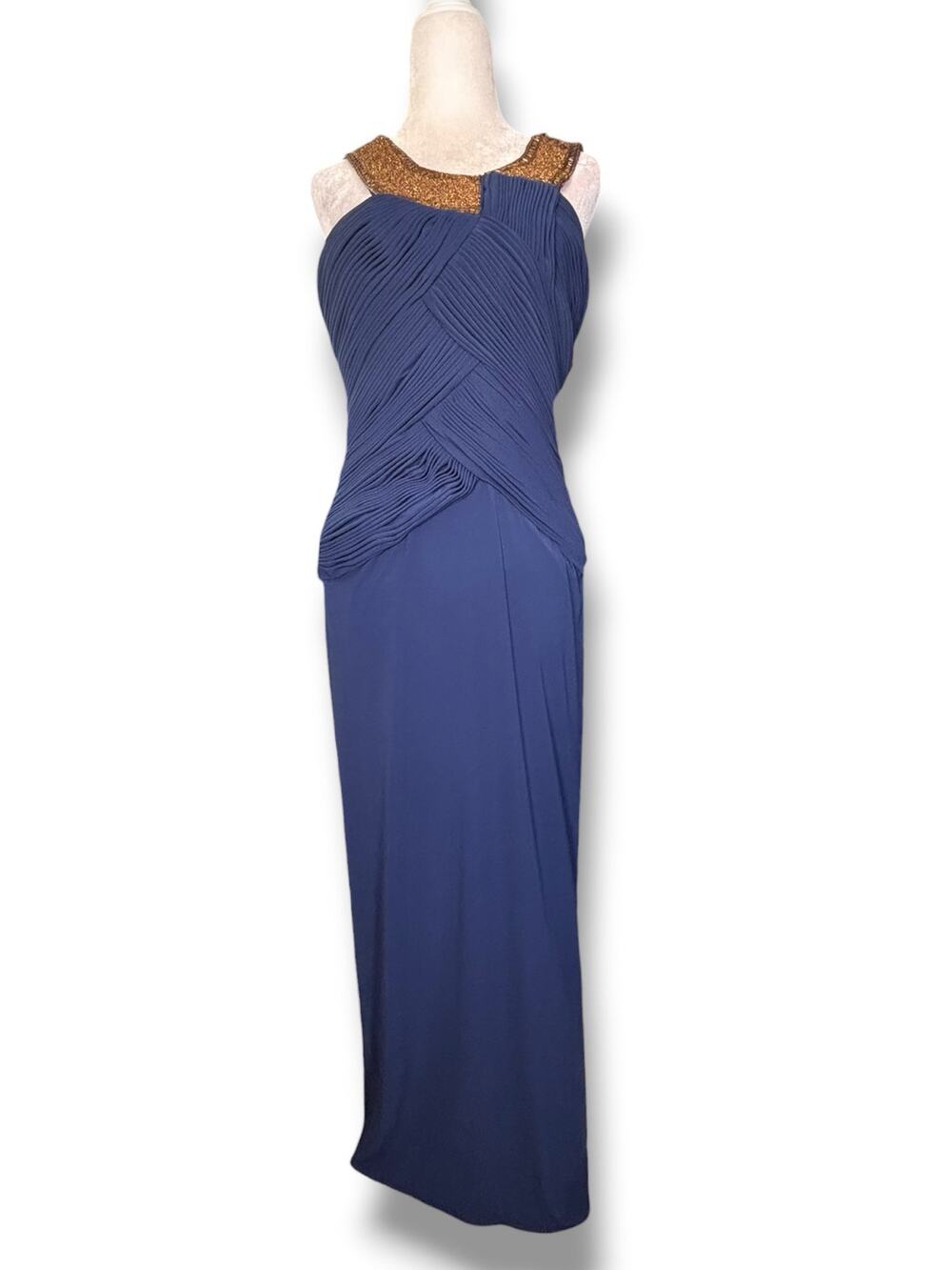 Vintage Navy Blue Beaded Evening Gown Art Deco Formal Maxi Dress Wedding Guest‎